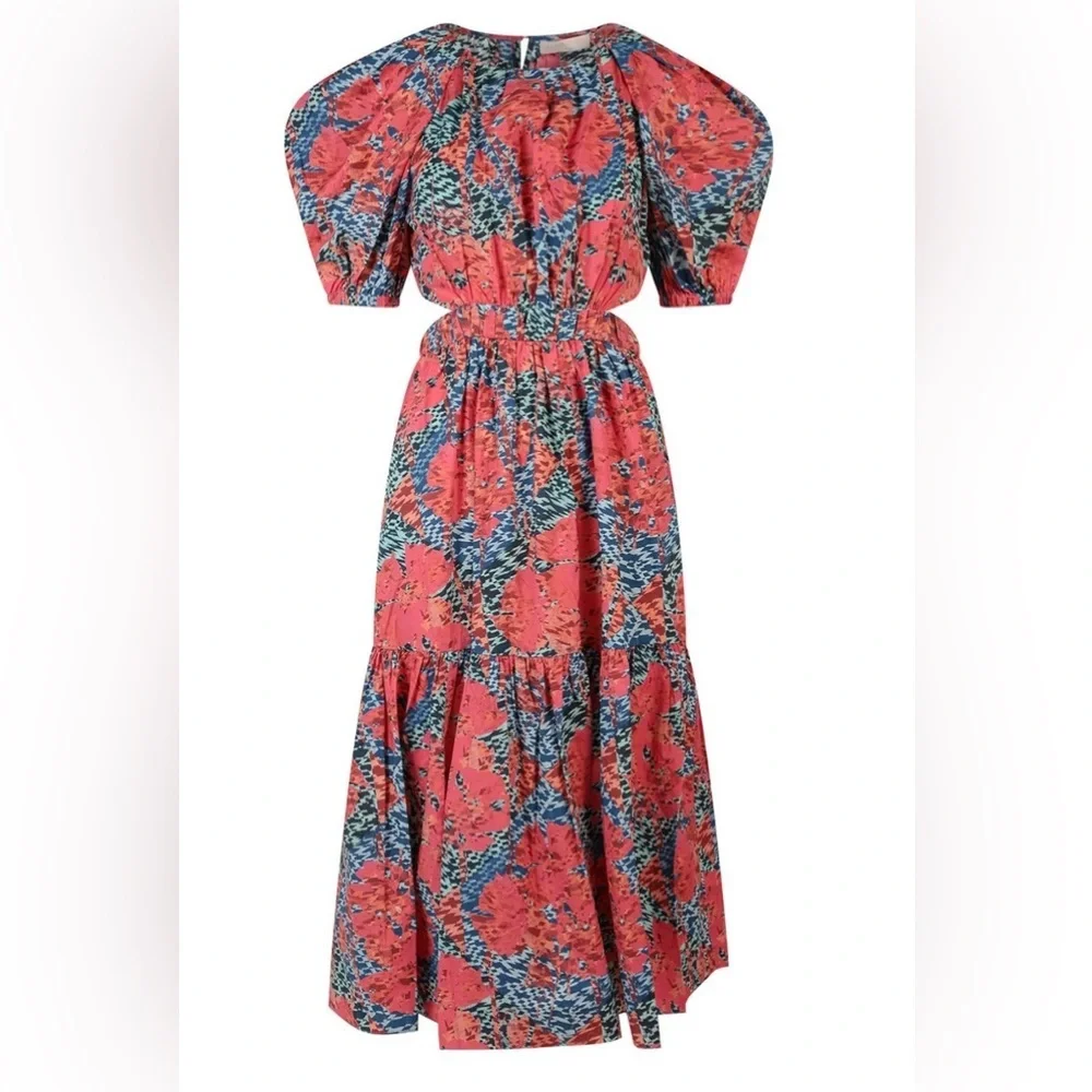 Ulla Johnson Coral and Blue Asymmetrical Floral Midi Dress - Picture 3 of 16